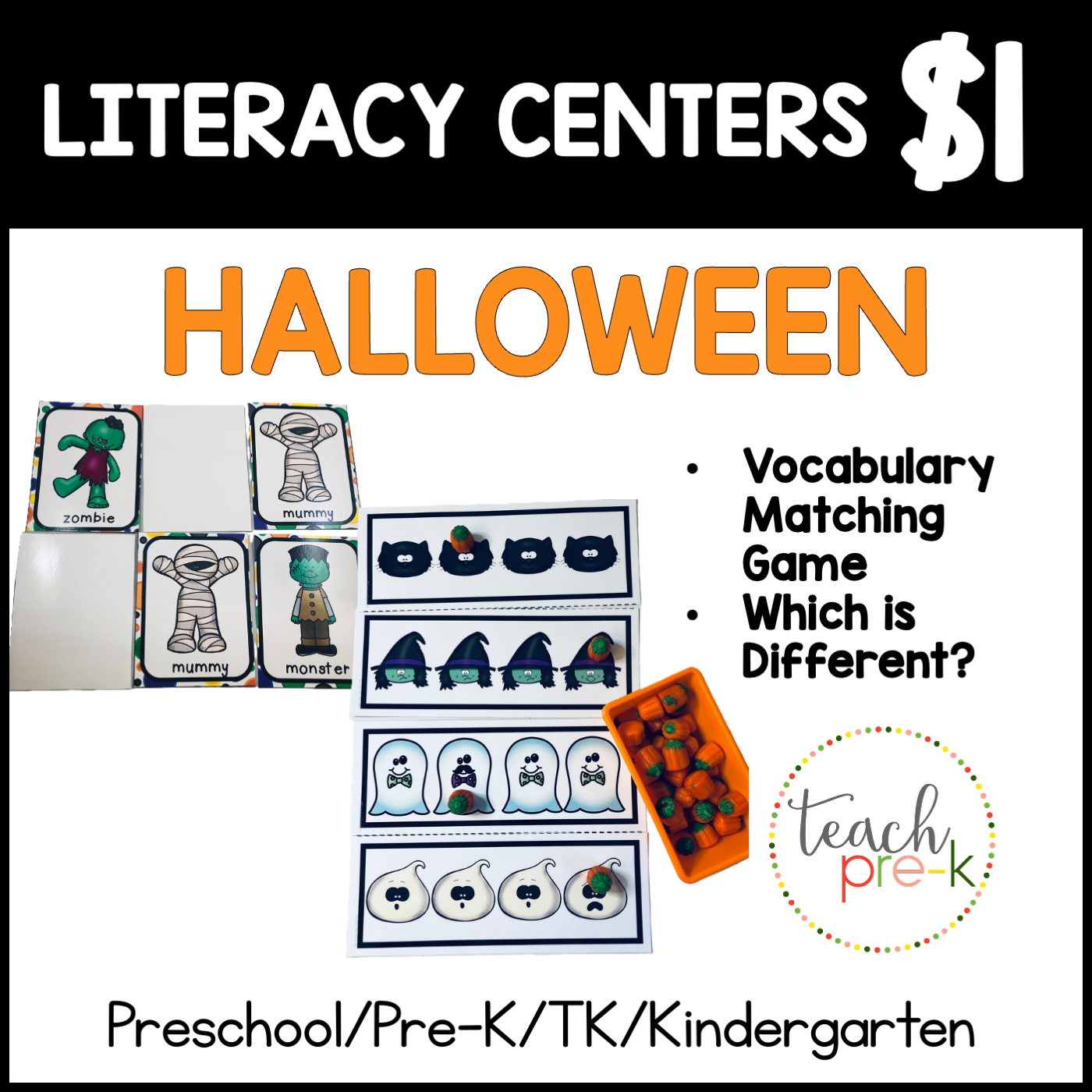 Halloween Literacy Centers/Vocabulary Memory Matching, & Which Is Different?