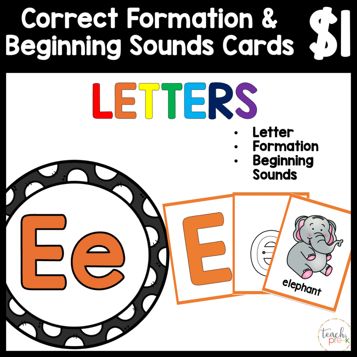 $1 Letters, Formation, & Beginning Sounds Cards-E