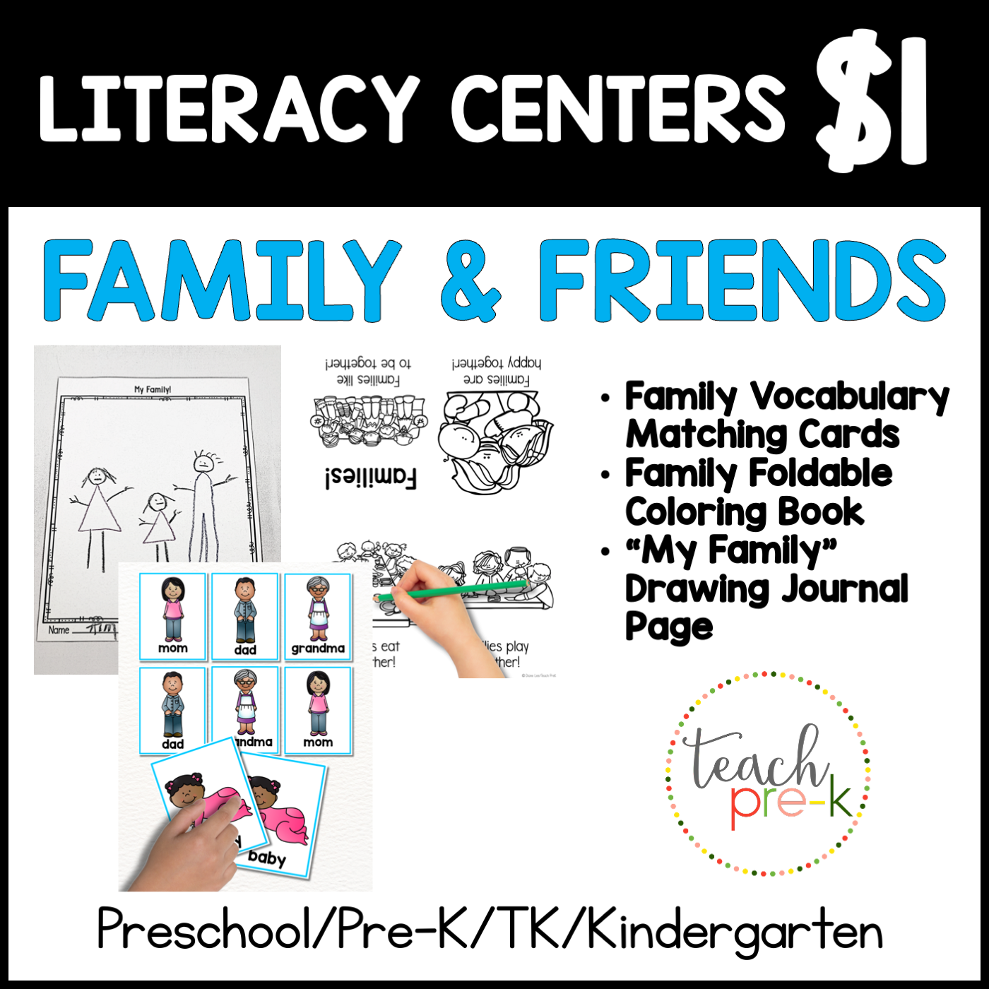 Family & Friends Literacy Centers/Family Vocabulary Matching, Foldable Coloring Book, & Journal Page