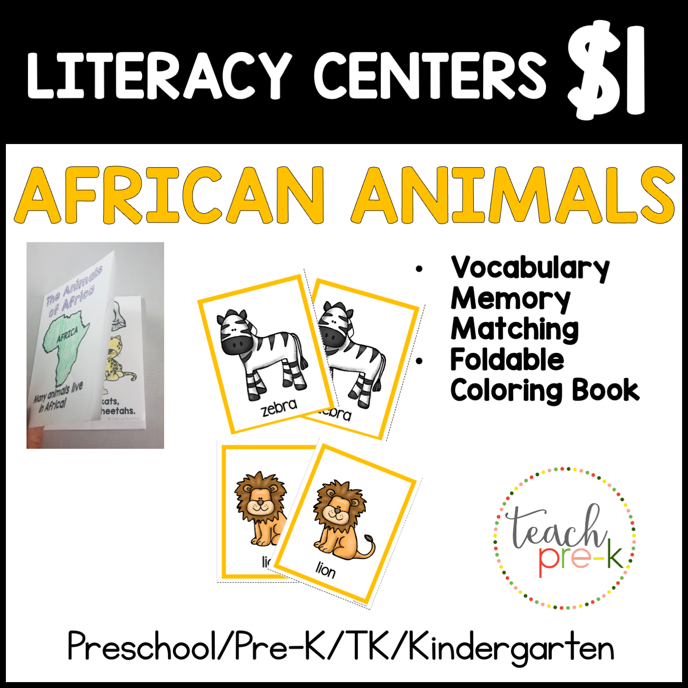 African Animals  Literacy Centers/Vocabulary Memory Match & Foldable Coloring Book