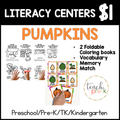 Pumpkin Literacy Centers/Vocabulary Memory Match, & Foldable Coloring Book