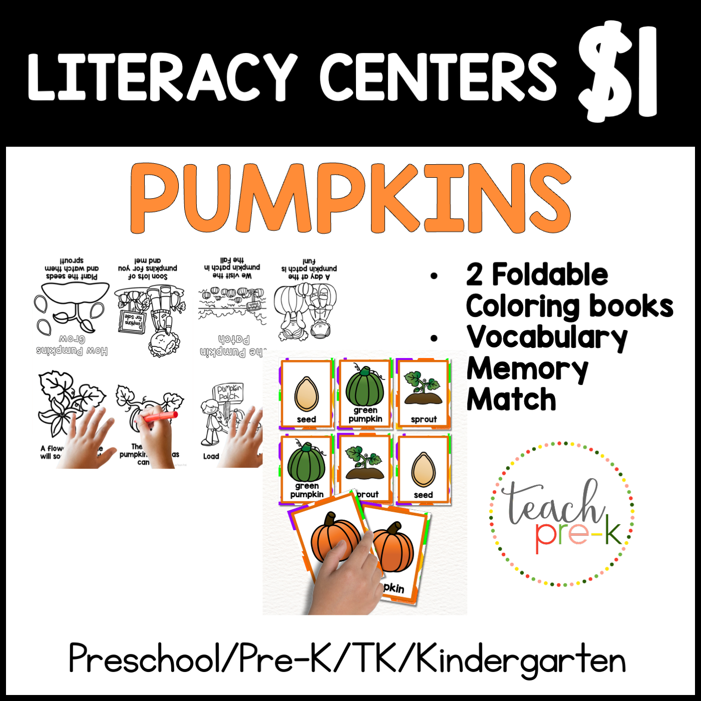 Pumpkin Literacy Centers/Vocabulary Memory Match, & Foldable Coloring Book