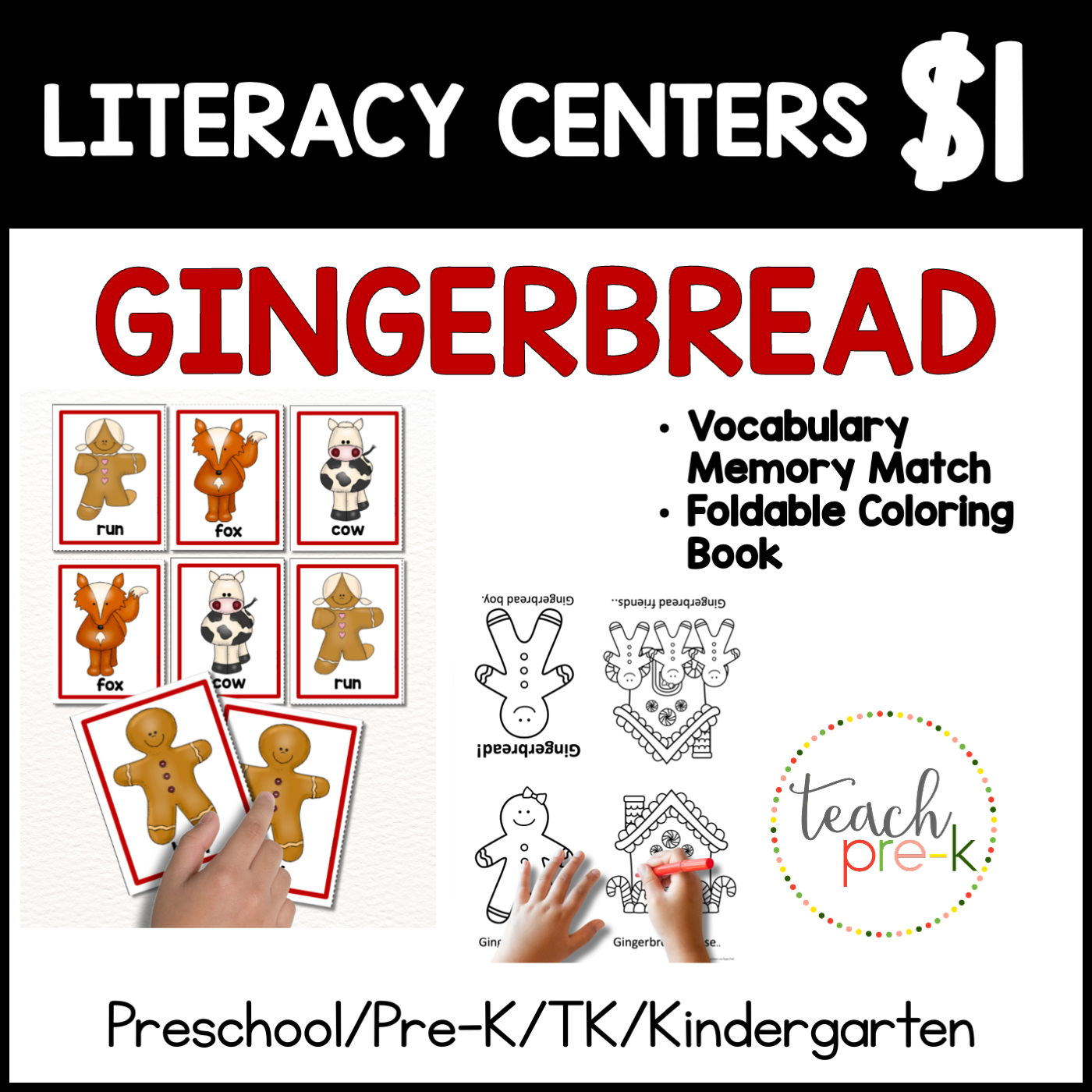 Gingerbread Literacy Centers/ Vocabulary Memory Matching, & Foldable Coloring Book