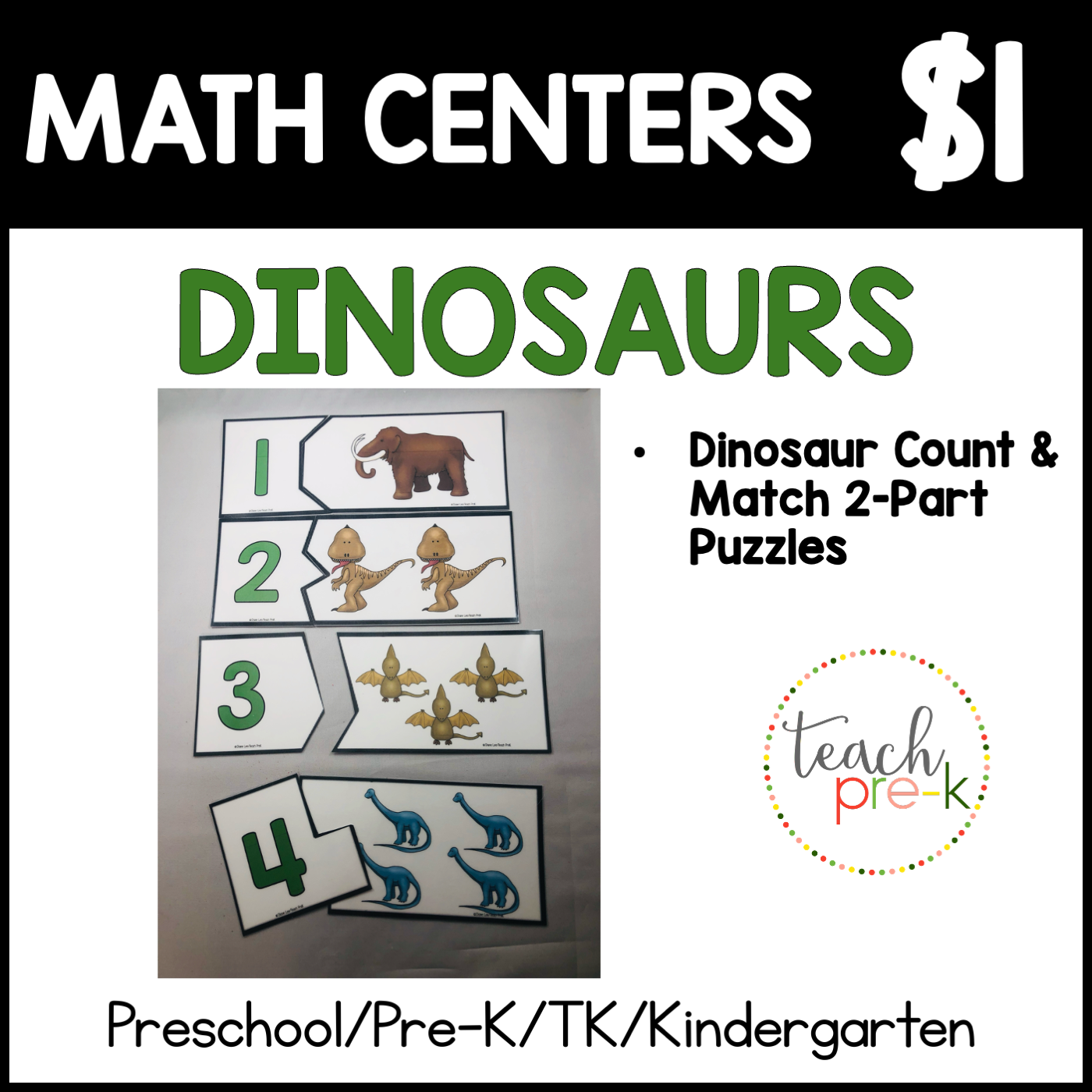 Dinosaur Math Centers/Dinosaur Count & Match 2-Part Puzzles