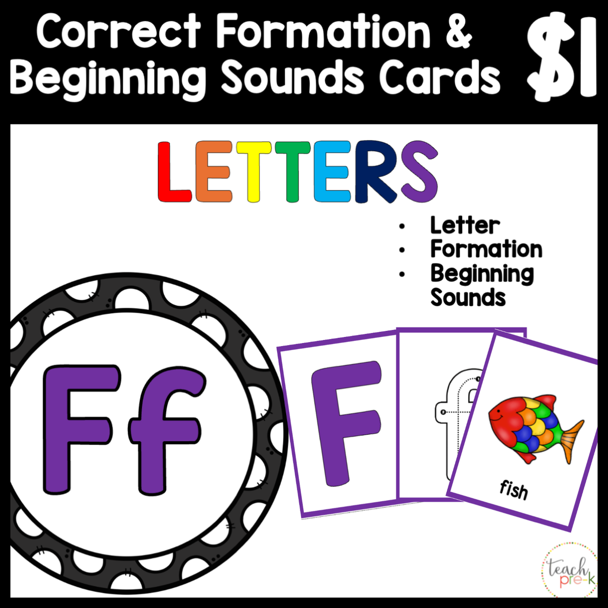 $1 Letters, Formation, & Beginning Sounds Cards-F
