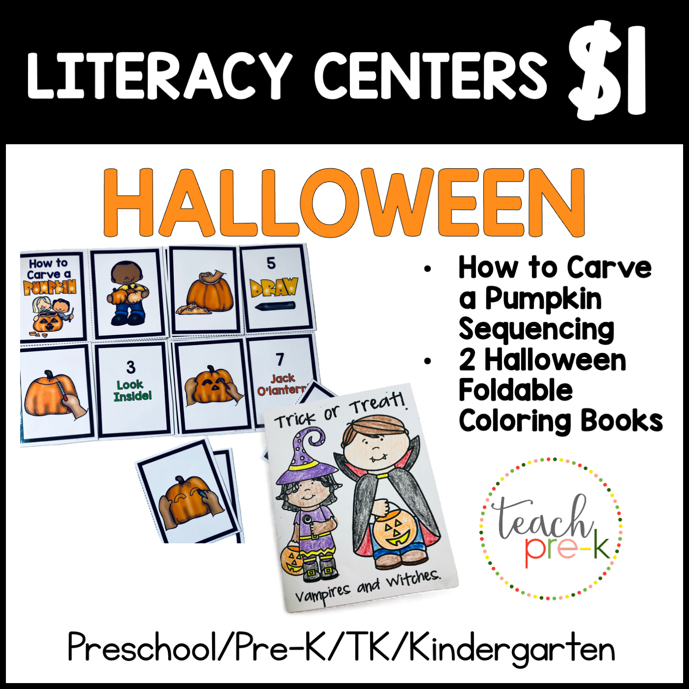 Halloween Literacy Centers/Pumpkin Carving Sequencing Activity, & Foldable Coloring Book