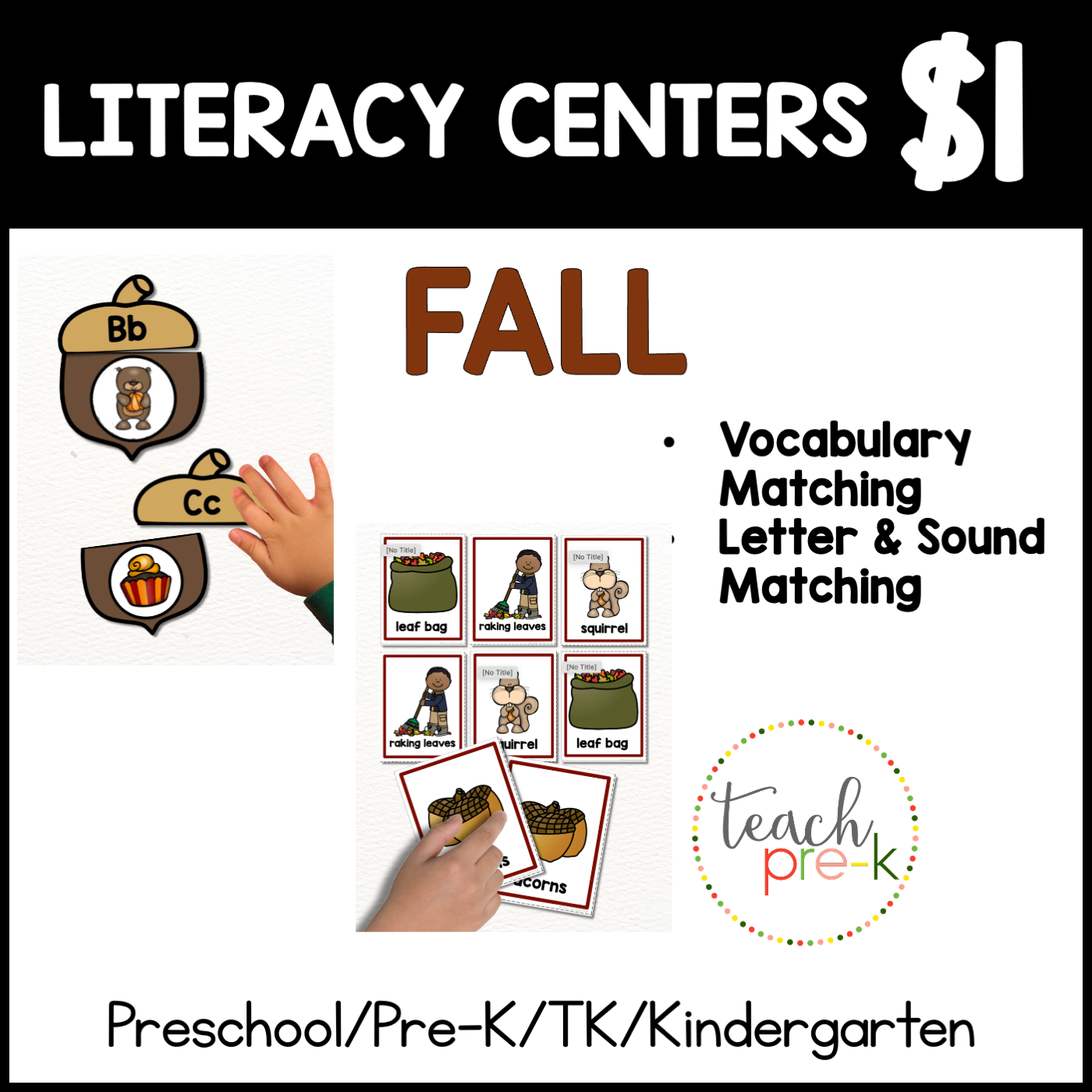 Fall Literacy Centers/Letter & Sound Acorns & Vocabulary Matching Cards