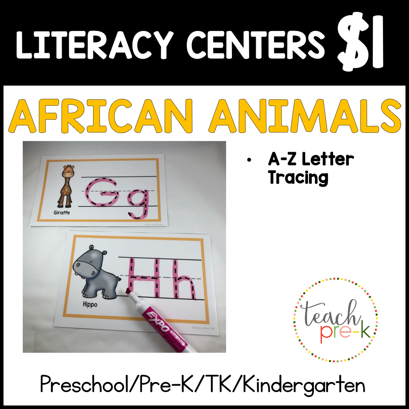 African Animals  Literacy Centers/Beginning Sound & Letter Trace Cards