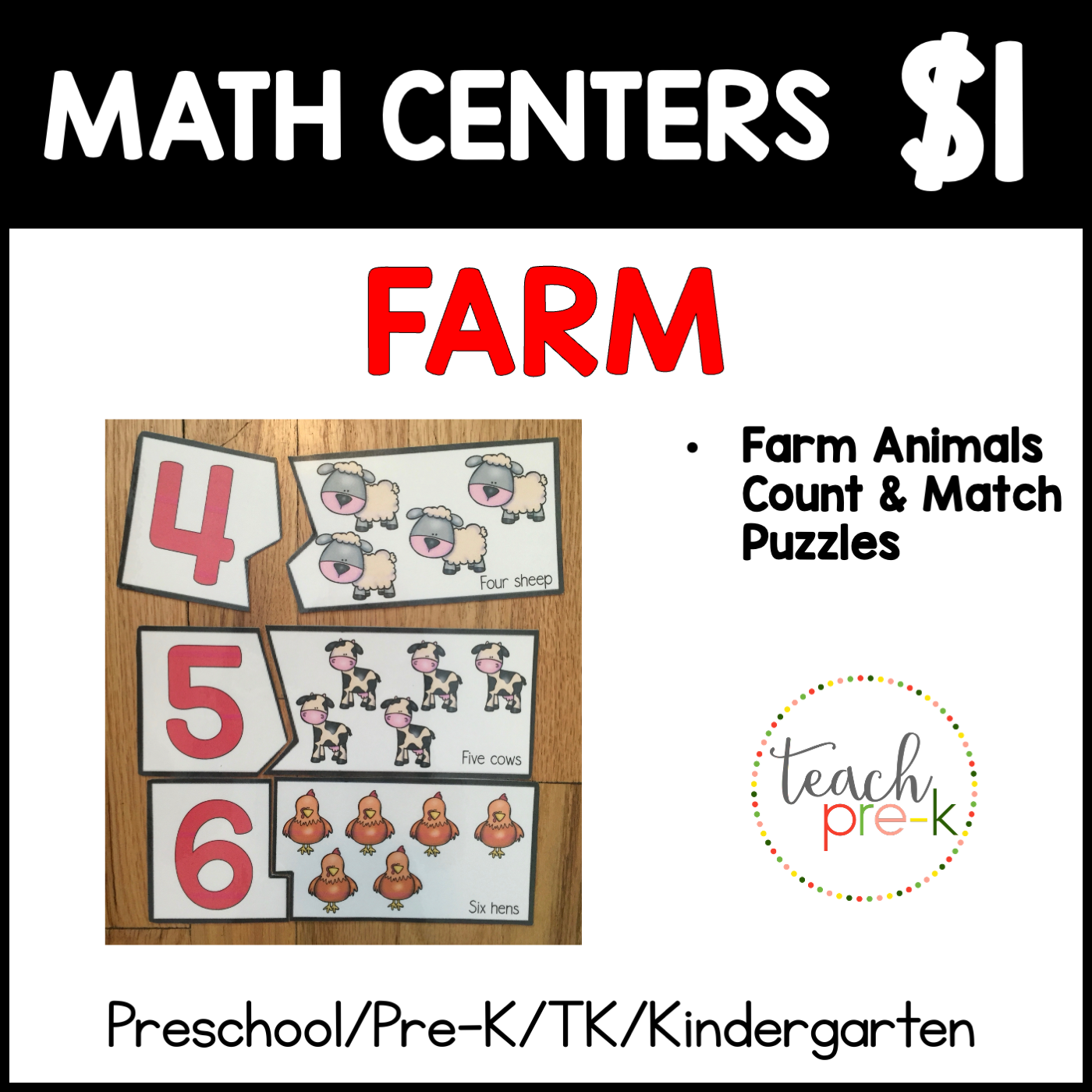 Farm Math Centers/Count & Match 2-Part Puzzles