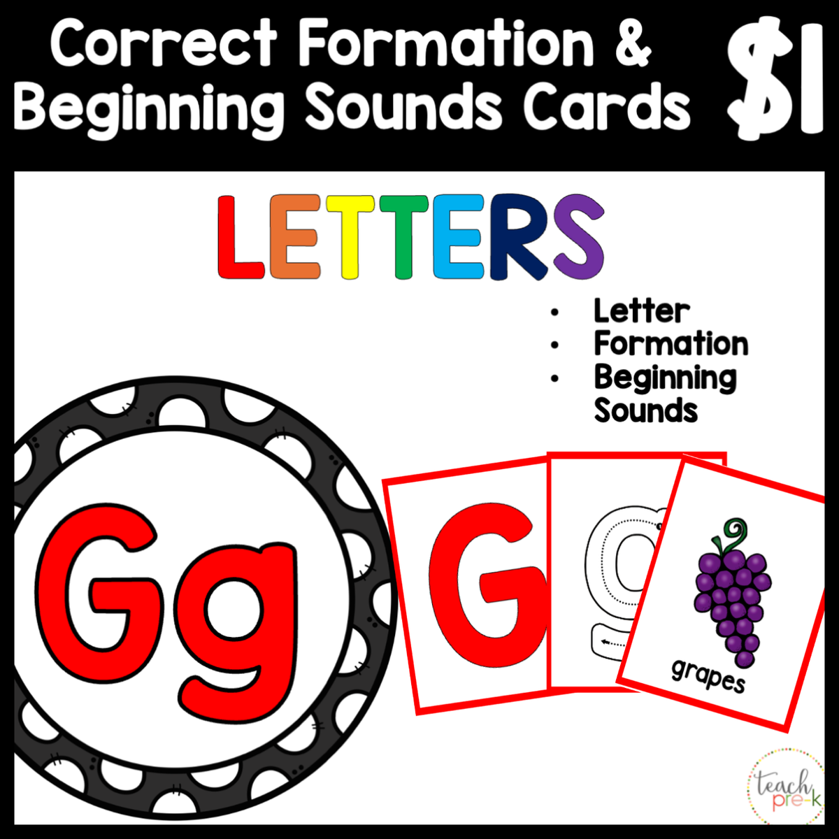 $1 Letters, Formation, & Beginning Sounds Cards-G