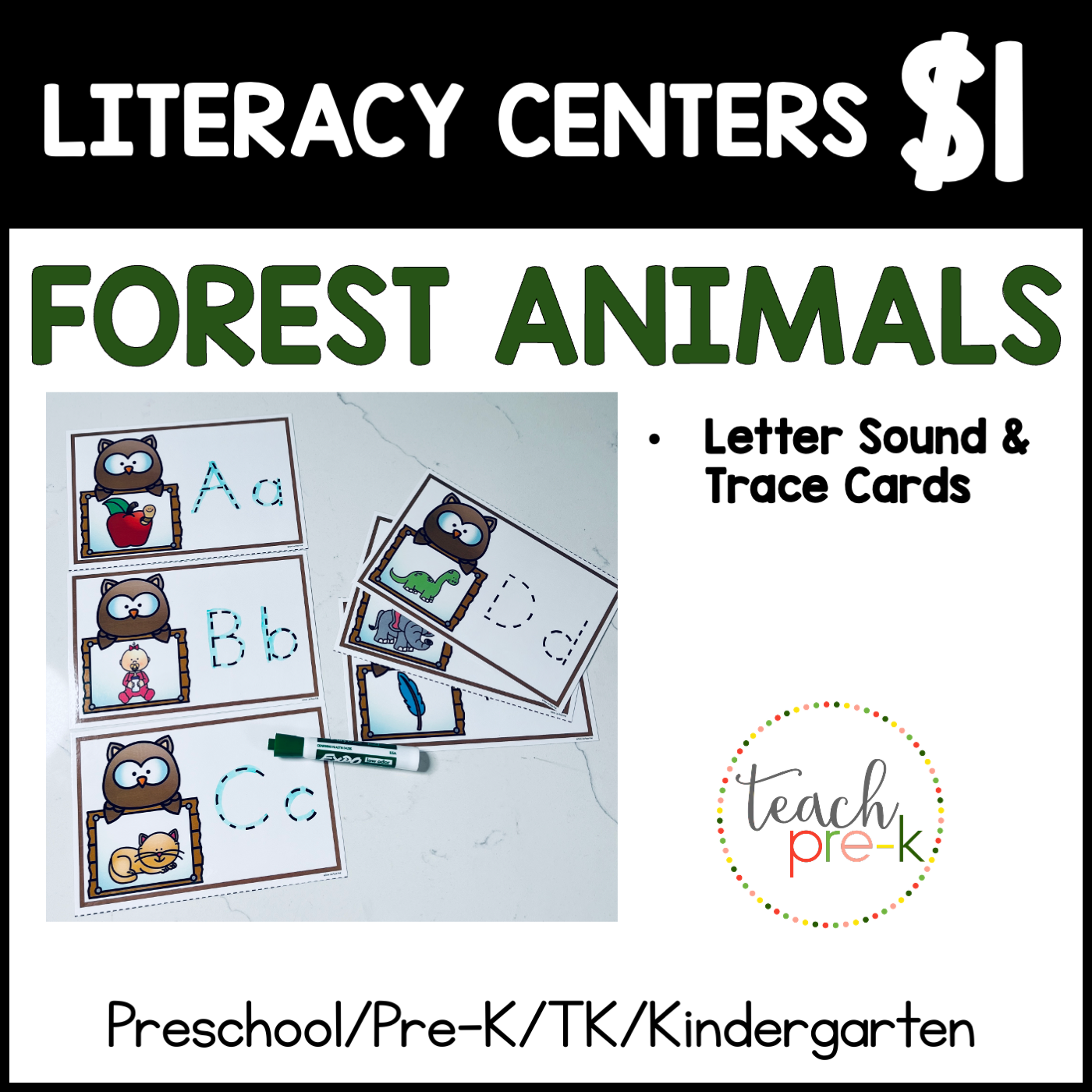 Forest Animals Literacy Centers/Letter Sounds & Trace Cards