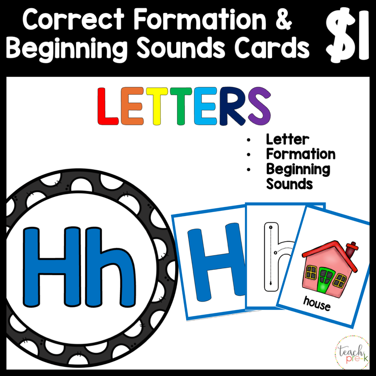 $1 Letters, Formation, & Beginning Sounds Cards-H