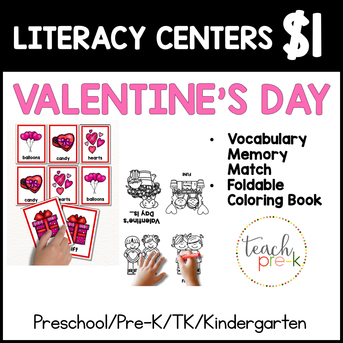 Valentine's Day Literacy Centers/Vocabulary Memory Matching, & Foldable Coloring Book