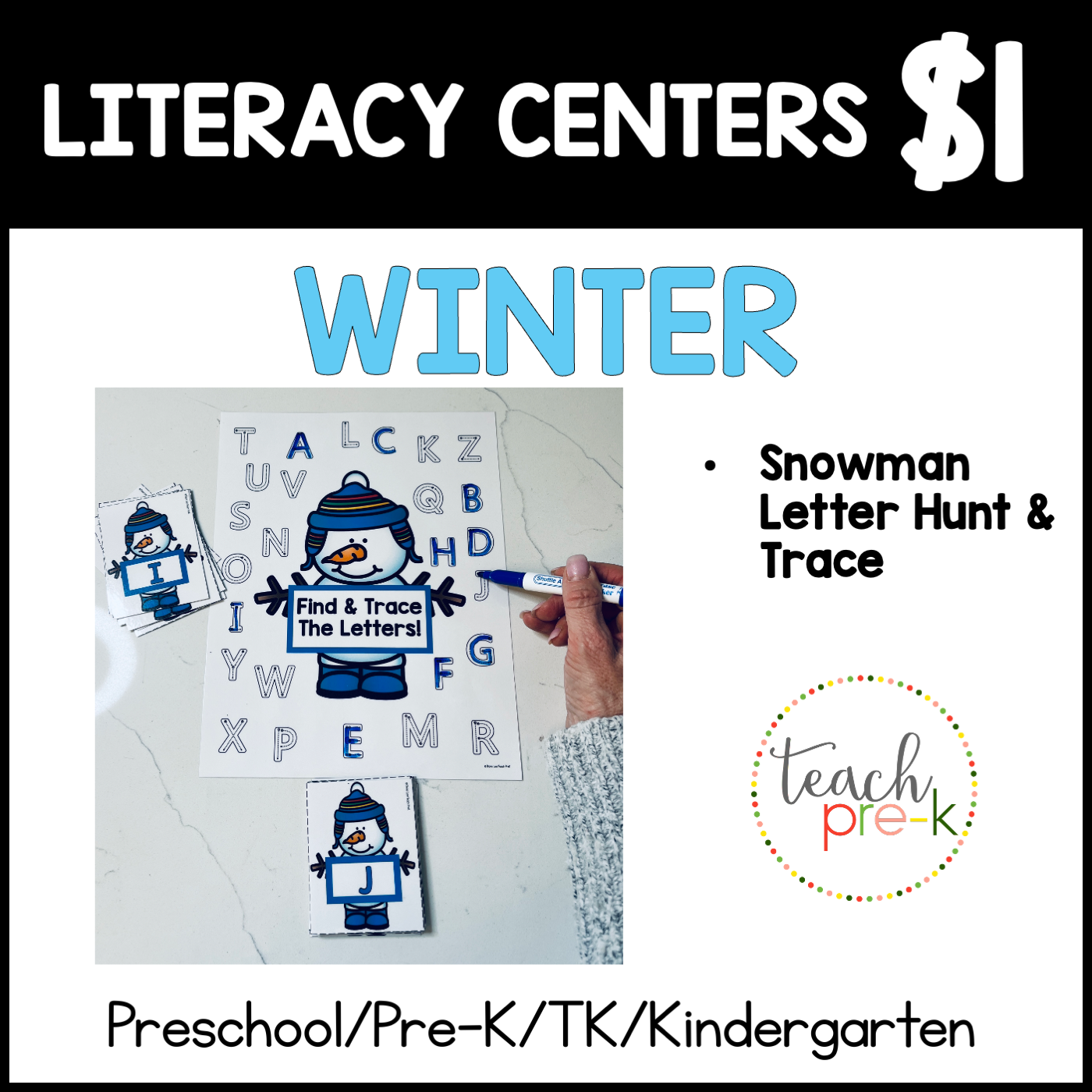 Winter Literacy Centers/Snowman Letter Hunt & Trace Mats