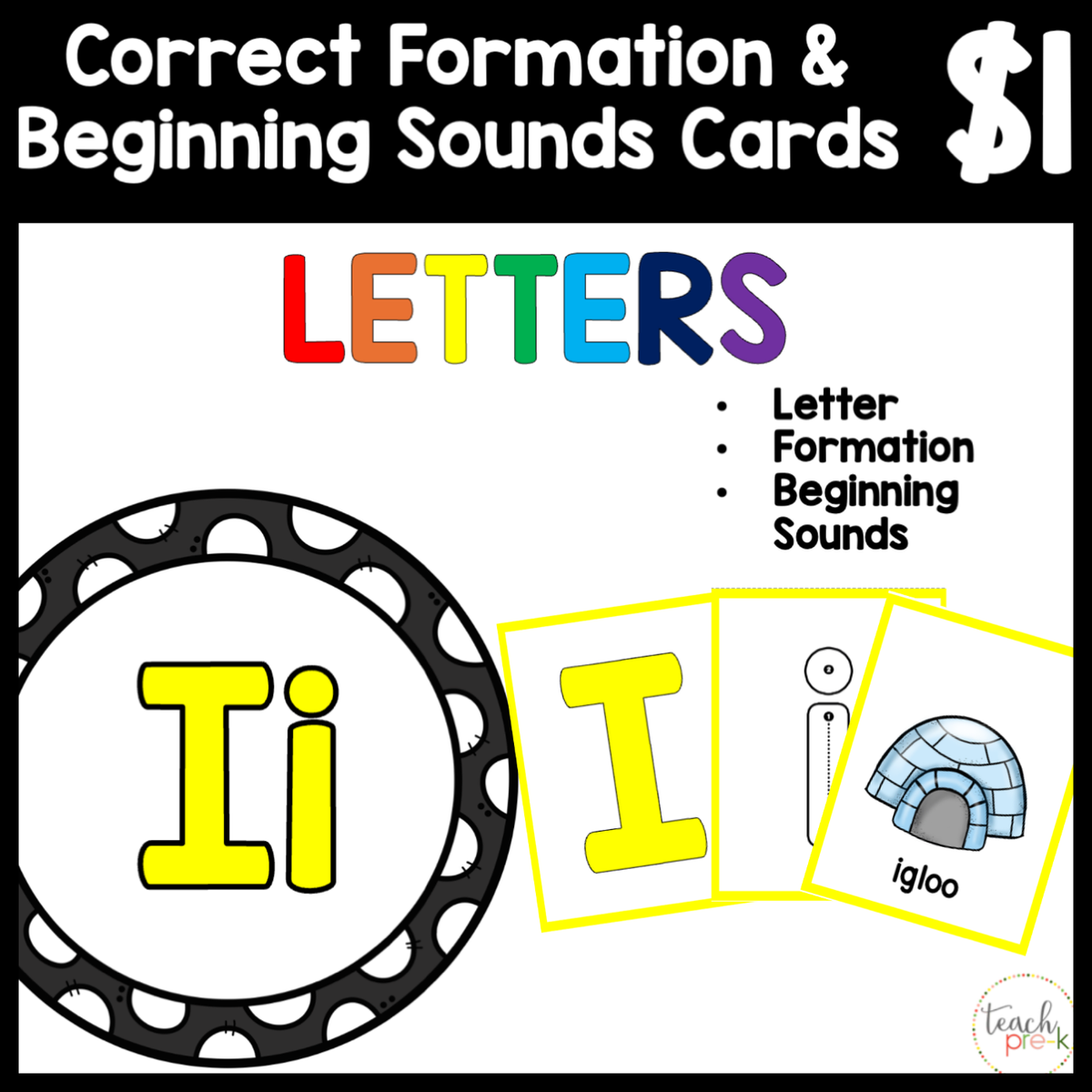 $1 Letters, Formation, & Beginning Sounds Cards-I